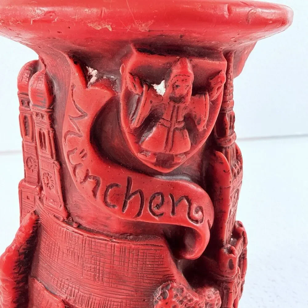 Vintage Munich Germany Relief Carved Pillar Candle Red Architectural NEW Unlit
